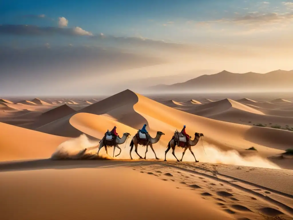 Caravana de camellos en ruta comercial por el Sahara, destacando la influencia global del comercio transahariano