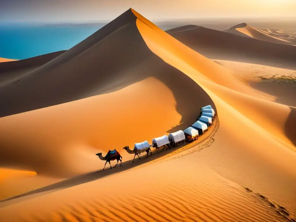 Caravana de camellos en ruta comercial transahariana, impacto del clima en desierto