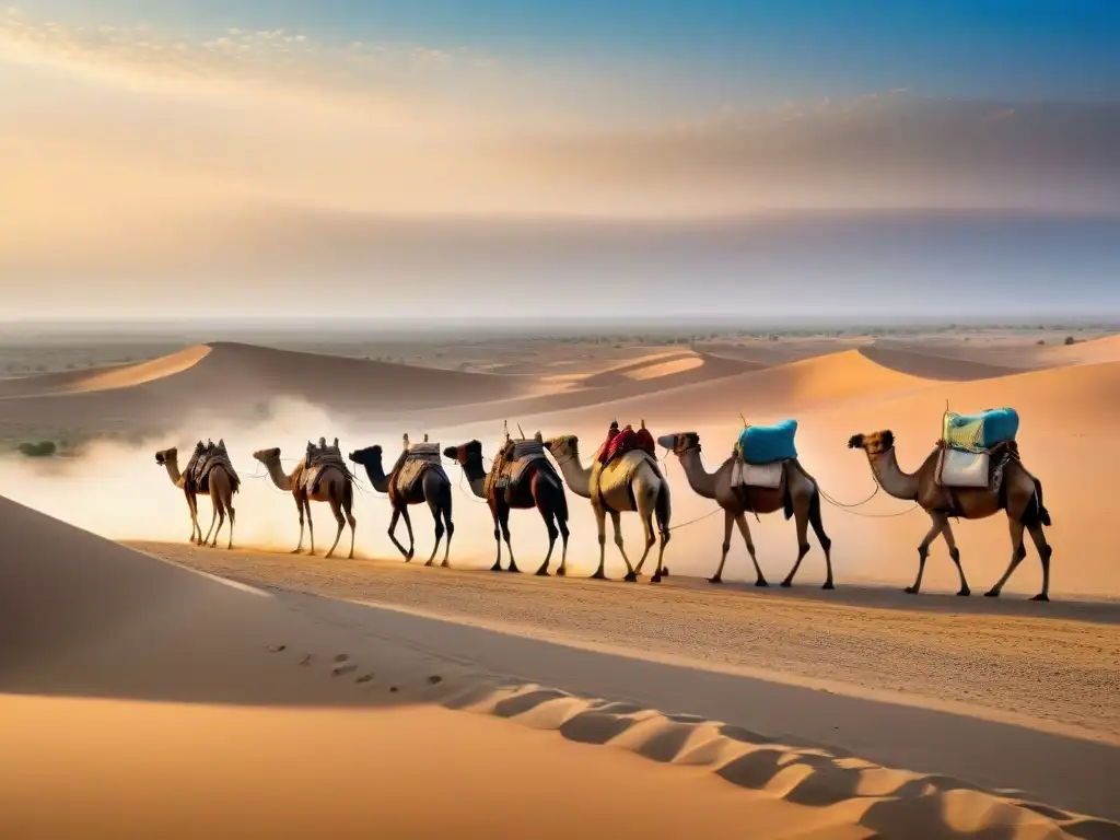 Caravana de camellos en la ruta comercial del desierto, resaltando la Importancia Comercio Transahariano geopolítica