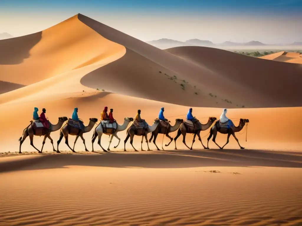 Una caravana de camellos recorre las Rutas Comerciales Transaharianas Historia bajo el sol del Sahara, guiados por comerciantes Tuareg