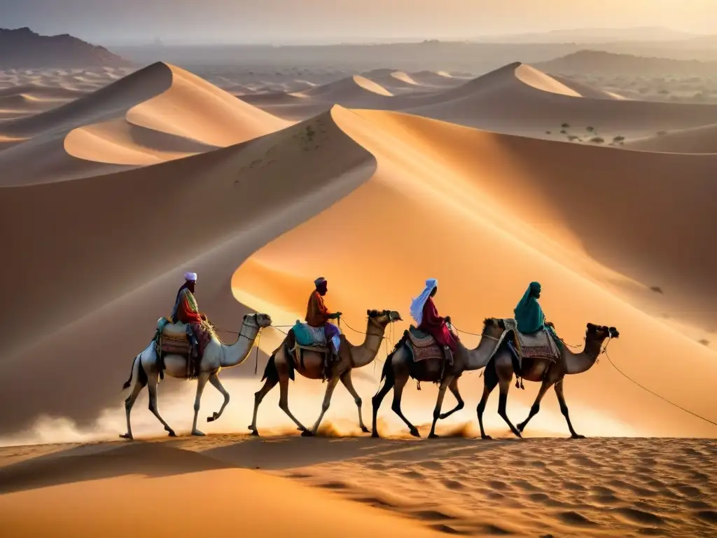 Caravana de camellos en las Rutas comerciales transaharianas bajo el sol del Sahara y las dunas doradas