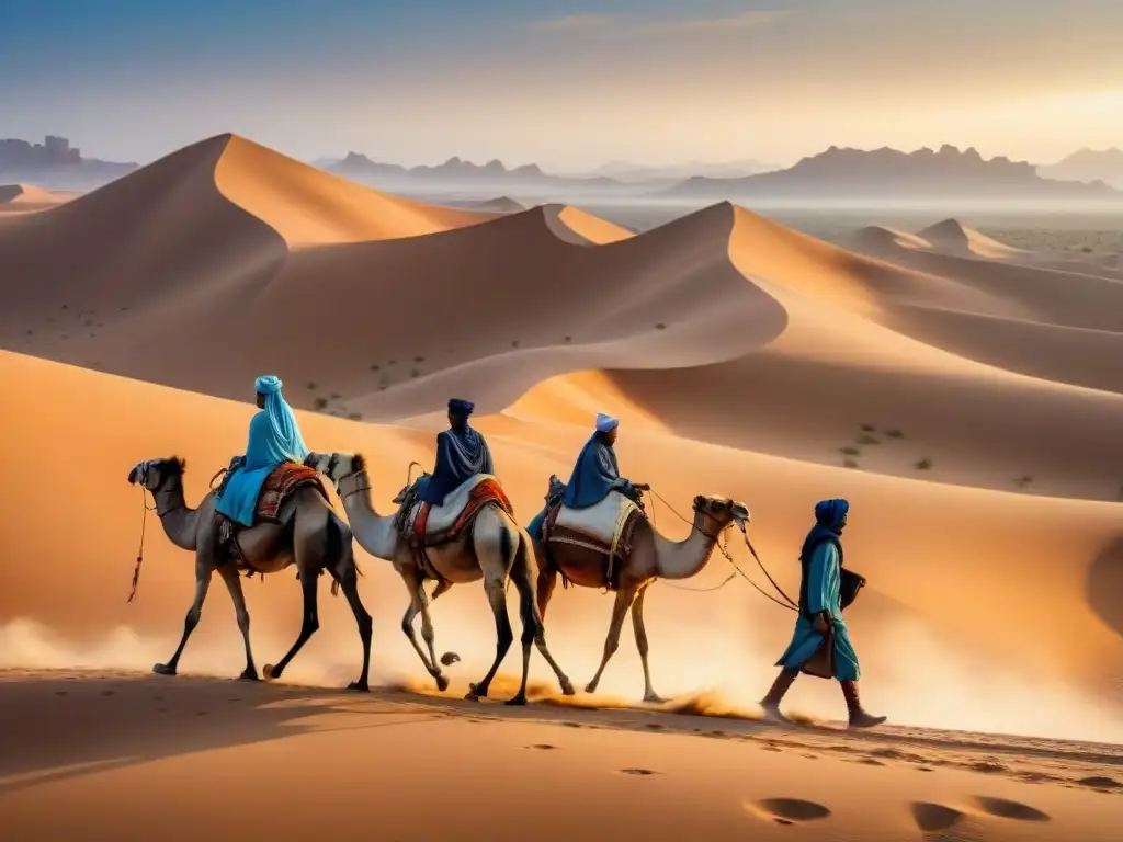 Caravana de camellos en las Rutas comerciales transaharianas historia, guiada por comerciantes Tuareg en el desierto