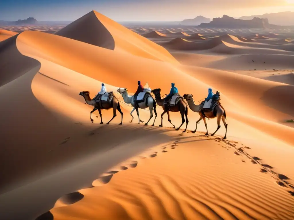 Caravana de camellos en las rutas transaharianas de esclavos hacia Europa, reflejando la belleza y dureza del desierto