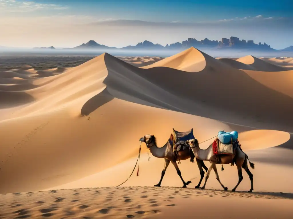 Caravana de camellos cruzando rutas transaharianas, impacto rutas transaharianas esclavos Europa