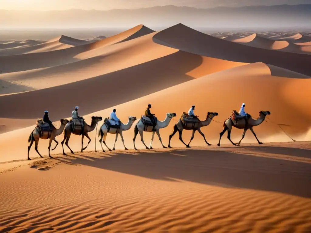 Una caravana de camellos transporta sal brillante en el Sahara, destacando el comercio de sal en África