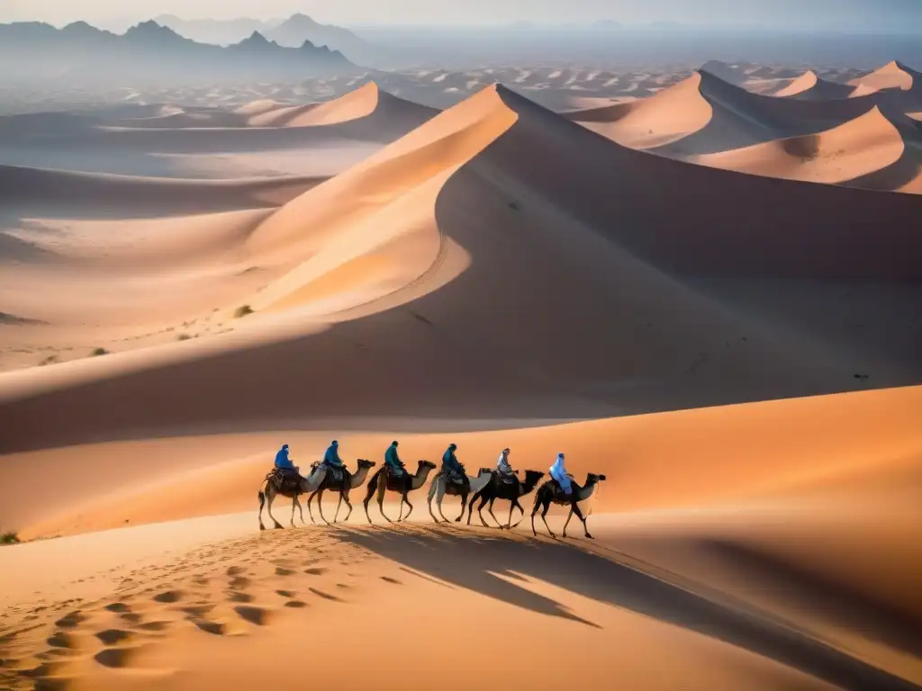 Caravana de camellos y Tuaregs en el desierto del Sahara, reflejando la influencia del Comercio Transahariano en África