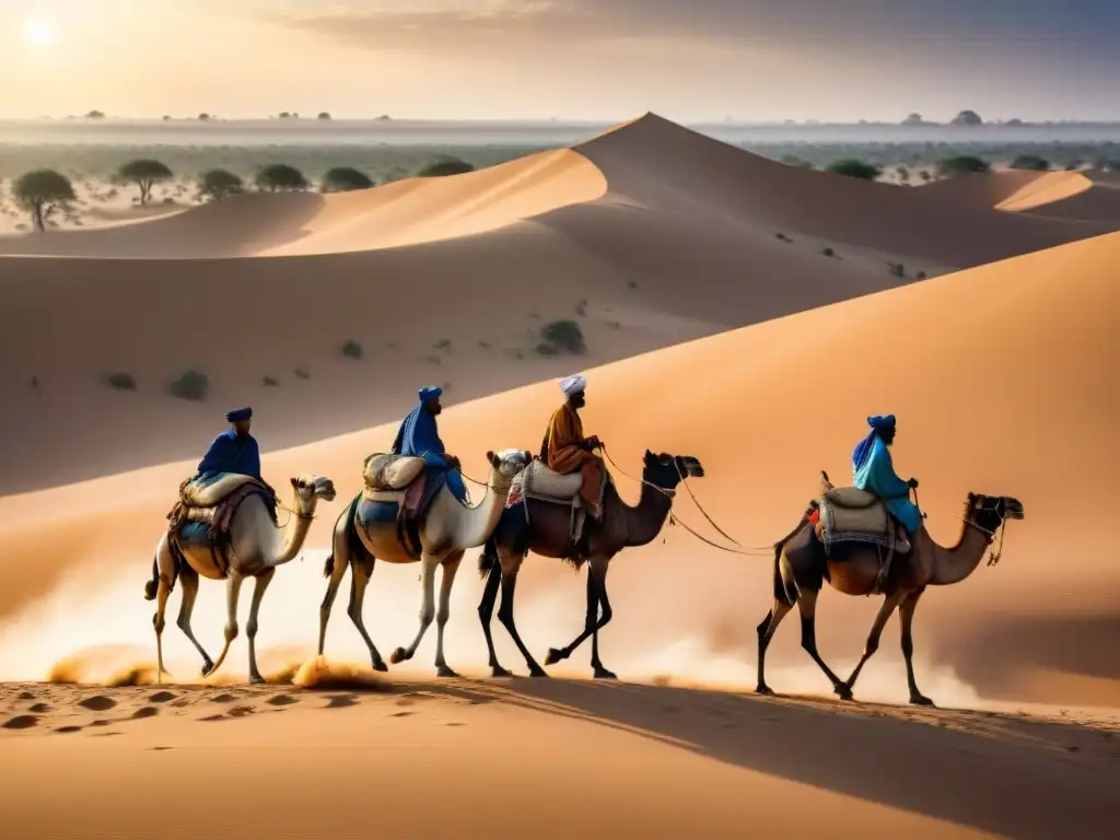 Una caravana de camellos atraviesa el vasto desierto del Sáhara, reflejando el impacto del comercio transahariano en el clima