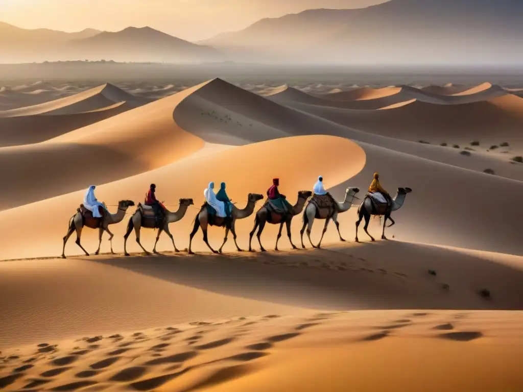 Una caravana de camellos atraviesa el vasto desierto del Sahara bajo el sol abrasador