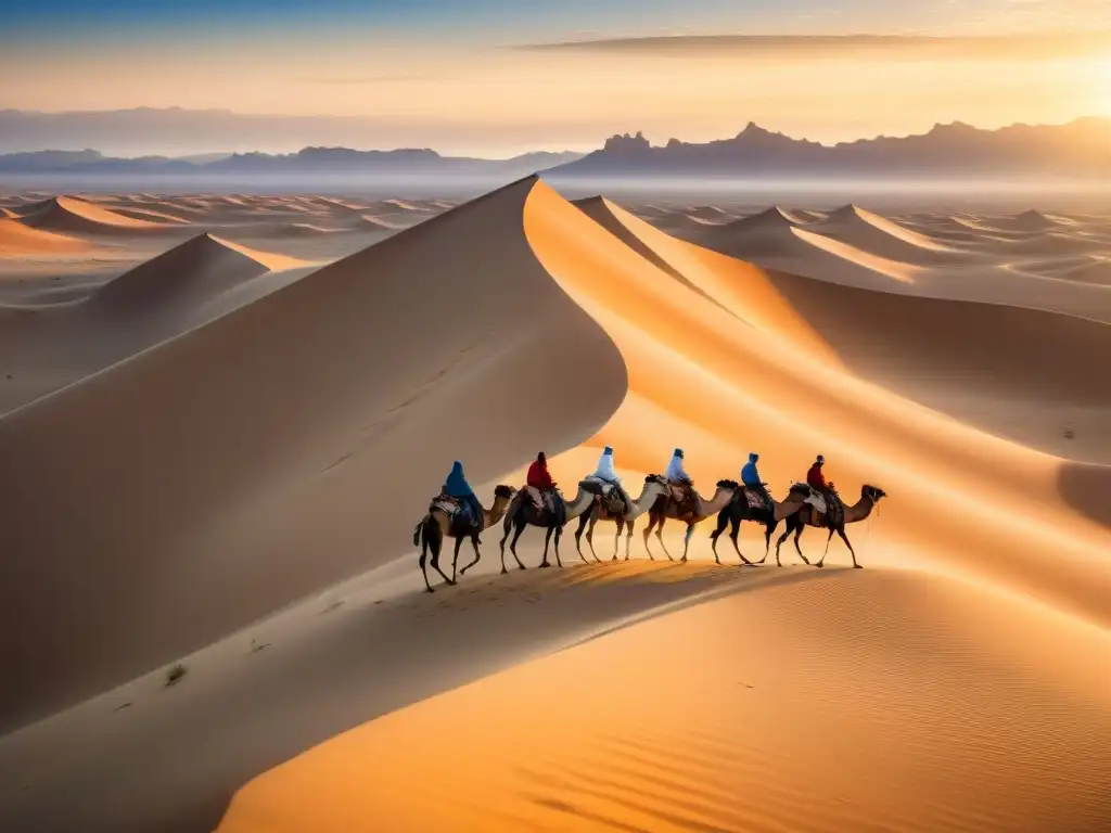 Caravana de comerciantes en la antigua ruta comercial del Sahara, guiados por un Tuareg, bajo el cálido atardecer