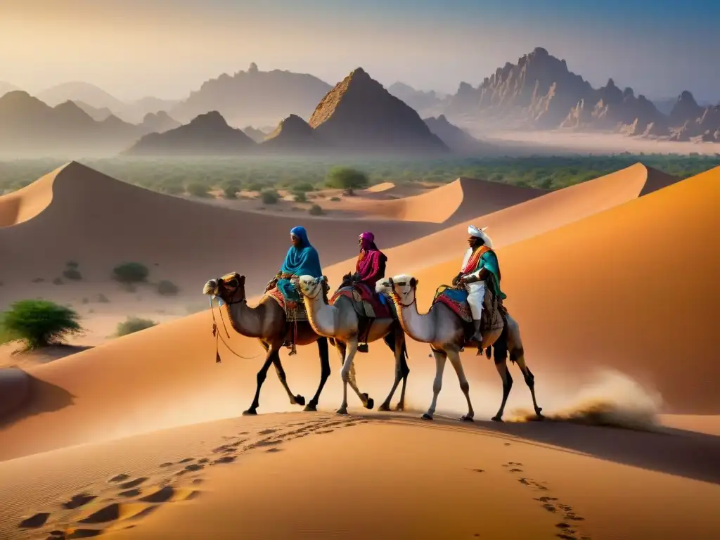 Caravana de comercio en los Imperios Sahelianos: traders en camellos cruzan desiertos cargados de mercancías en vibrantes colores y calor intenso