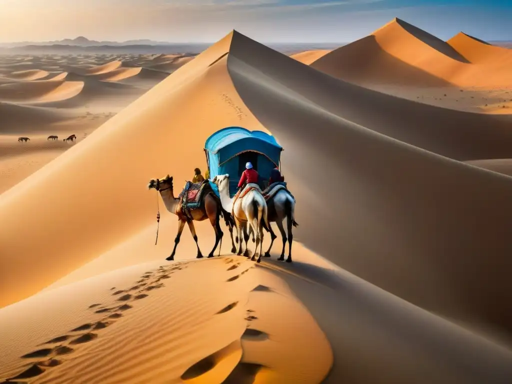 Caravana de comercio Transahariano en el vasto desierto del Sahara bajo el sol abrasador