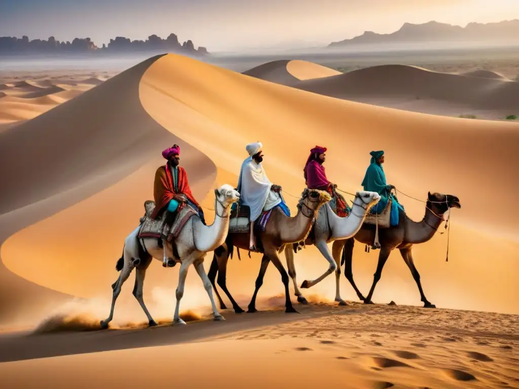 Caravana de guerreros bereberes en camello surca el desierto del Sahara, con sus túnicas coloridas ondeando bajo el sol abrasador