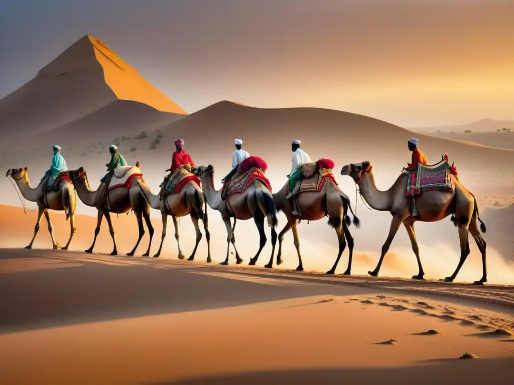 Una caravana de majestuosos camellos atraviesa el árido desierto africano al atardecer, destacando la importancia de los camellos en África