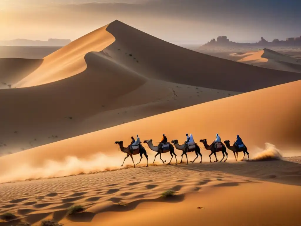 Una caravana de majestuosos camellos en el árido Sahara, liderados por comerciantes tuareg con elegantes atuendos indigo