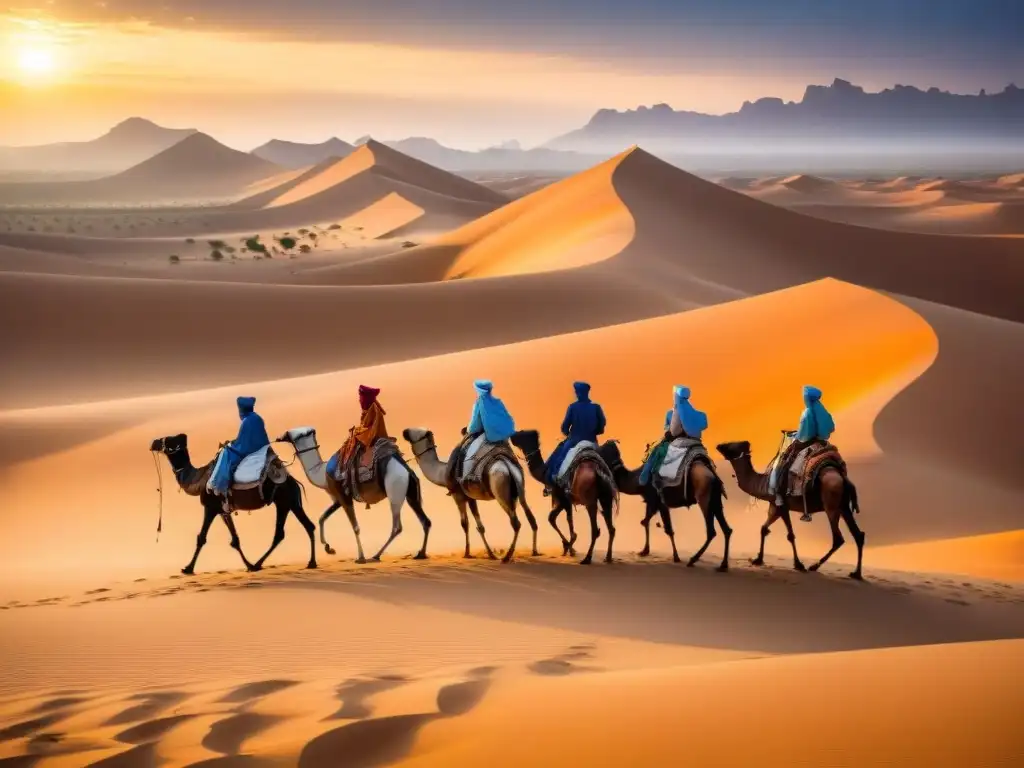 Una caravana de nómadas tuareg en camellos atraviesa el vasto desierto del Sahara al atardecer, destacando sus túnicas índigo en contraste con las dunas doradas