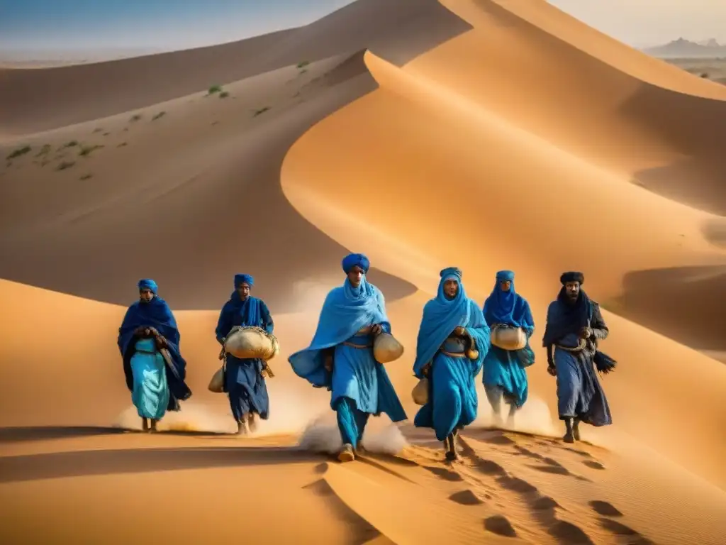 Caravana de nómadas tuareg en el Sahara, vestidos con túnicas azules bajo un cielo azul intenso