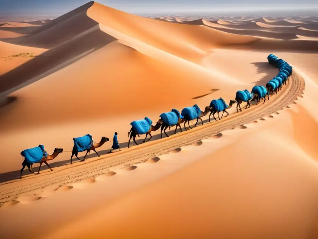 Caravana de sal en África: Tuaregs lideran una caravana de camellos cargados de bloques de sal en el desierto del Sahara