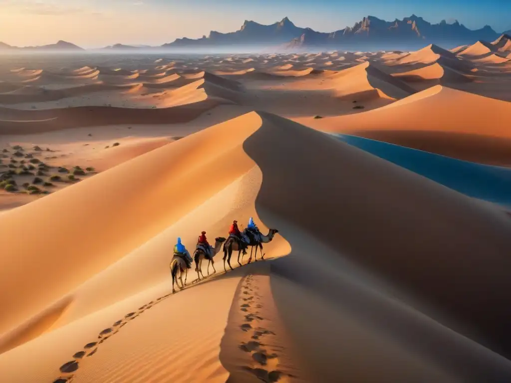 Caravanas de camellos en la ruta comercial del desierto, reflejando el intercambio cultural del Comercio Transahariano civilizaciones africanas