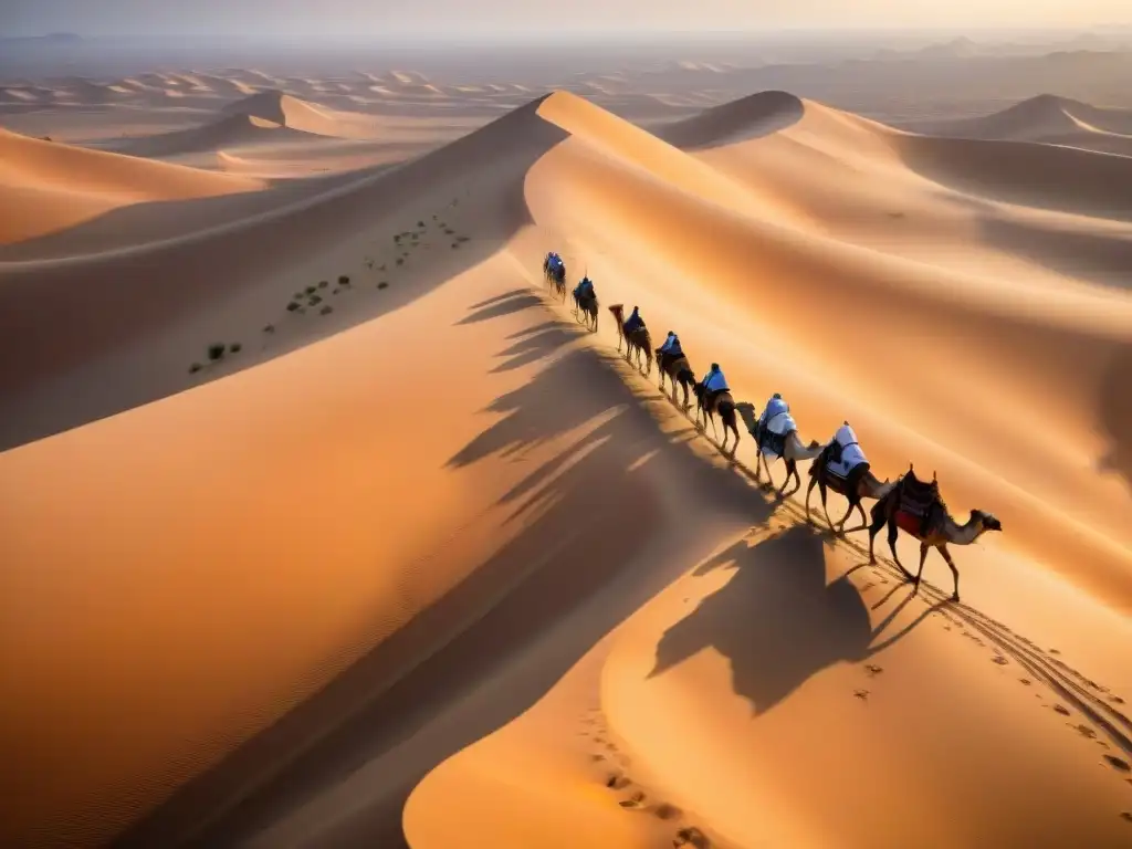 Caravanas de camellos cruzando las Rutas comerciales transaharianas, mostrando la historia del intercambio en el desierto del Sahara