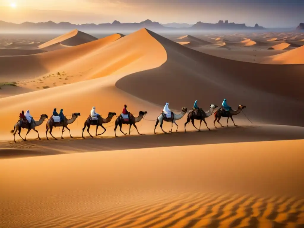 Caravanas comerciales antiguas cruzando el Sahara: camellos cargados, comerciantes negociando bajo el sol, dunas doradas