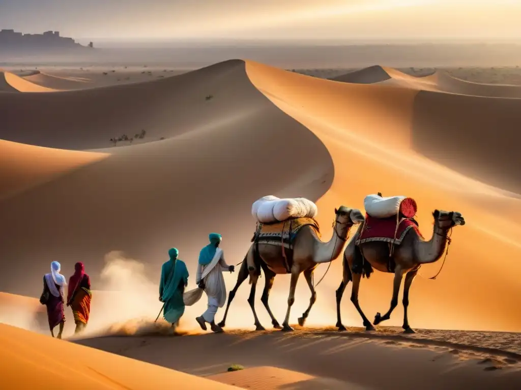 Caravanas de comerciantes recorriendo las antiguas rutas comerciales africanas en el desierto del Sáhara