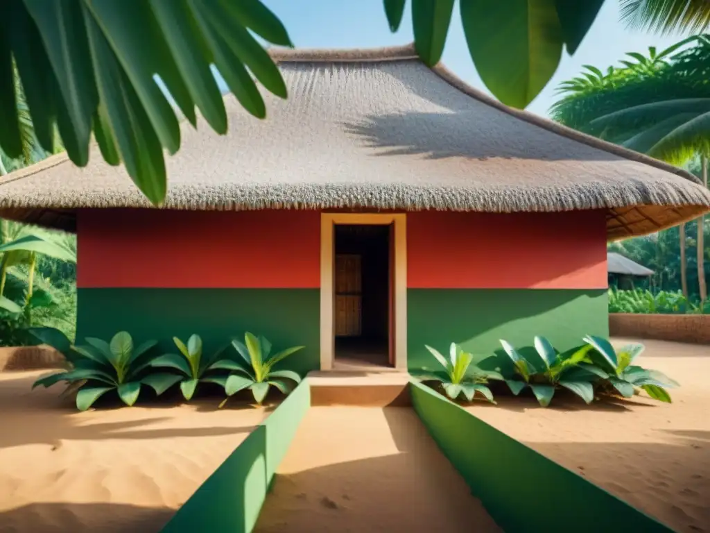 Una casa tradicional de Benín construida con conchas marinas, techo de hojas de palma y vibrantes colores