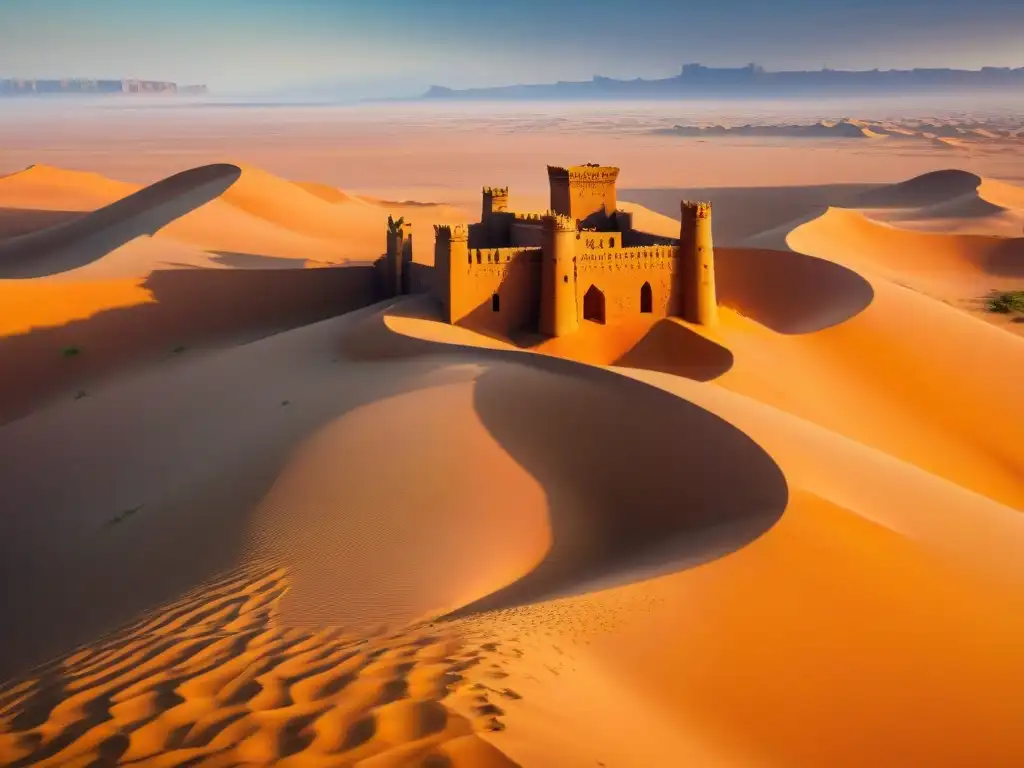 Castillos del Sahara historia completa: Ruinas majestuosas de un castillo en el desierto, con arquitectura antigua y paisaje desértico al atardecer