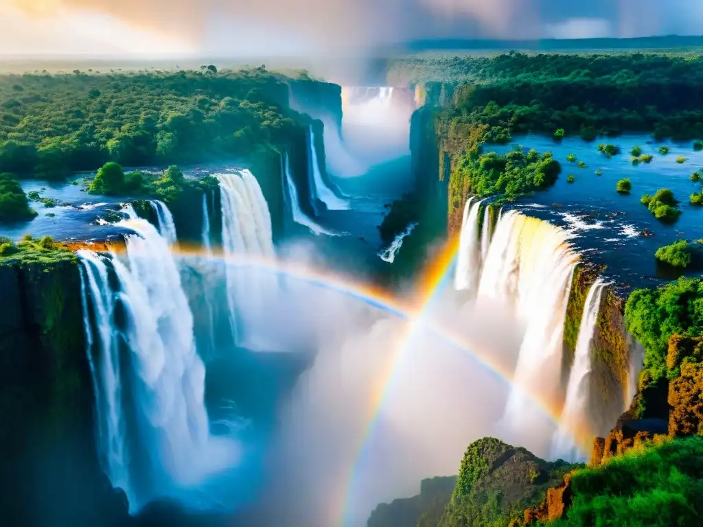 Cataratas Victoria en Zambia con atardecer dorado y arcoíris, un lugar de poder en África