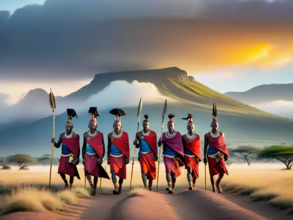 Maasai guerreros al amanecer: tradición africana en la sabana Evolución de la caza en África: Guerreros Masái en la sabana al amanecer, con expresiones determinadas y vestimenta tradicional
