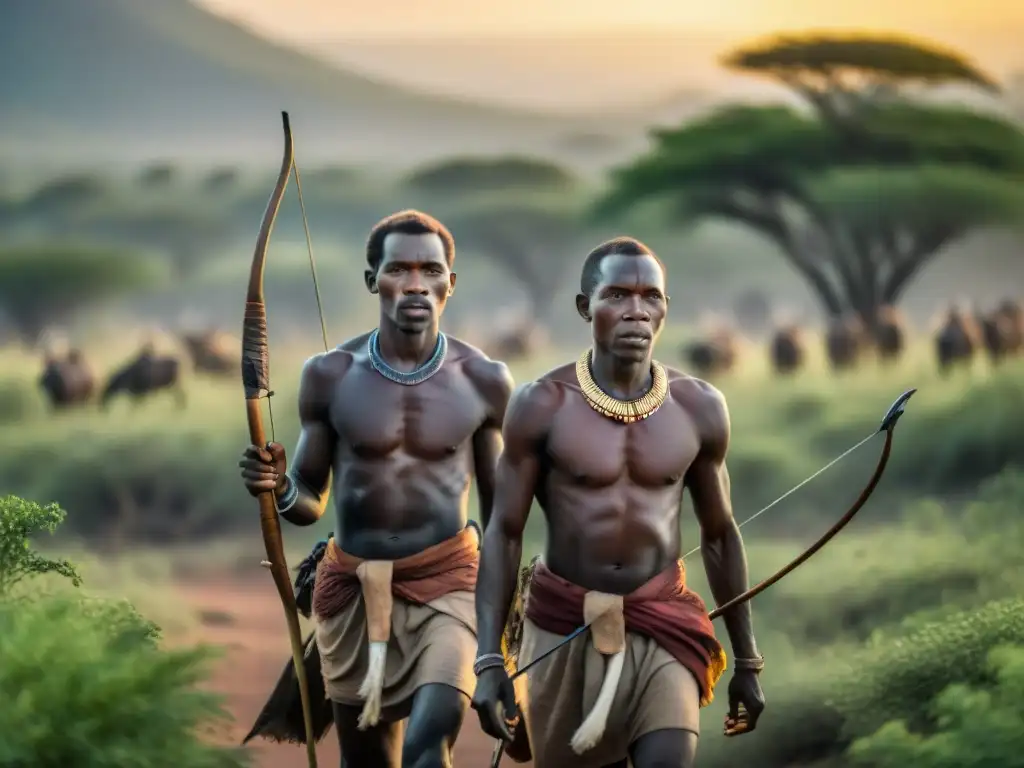 Cazadores Hadza en Tanzania, atardecer en la sabana, secretos longevidad tribus africanas dieta