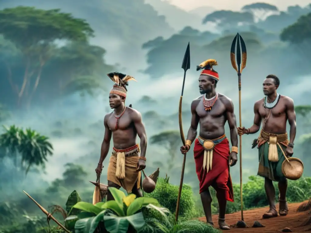 Cazadoresrecolectores africanos cazando con lanzas en la selva