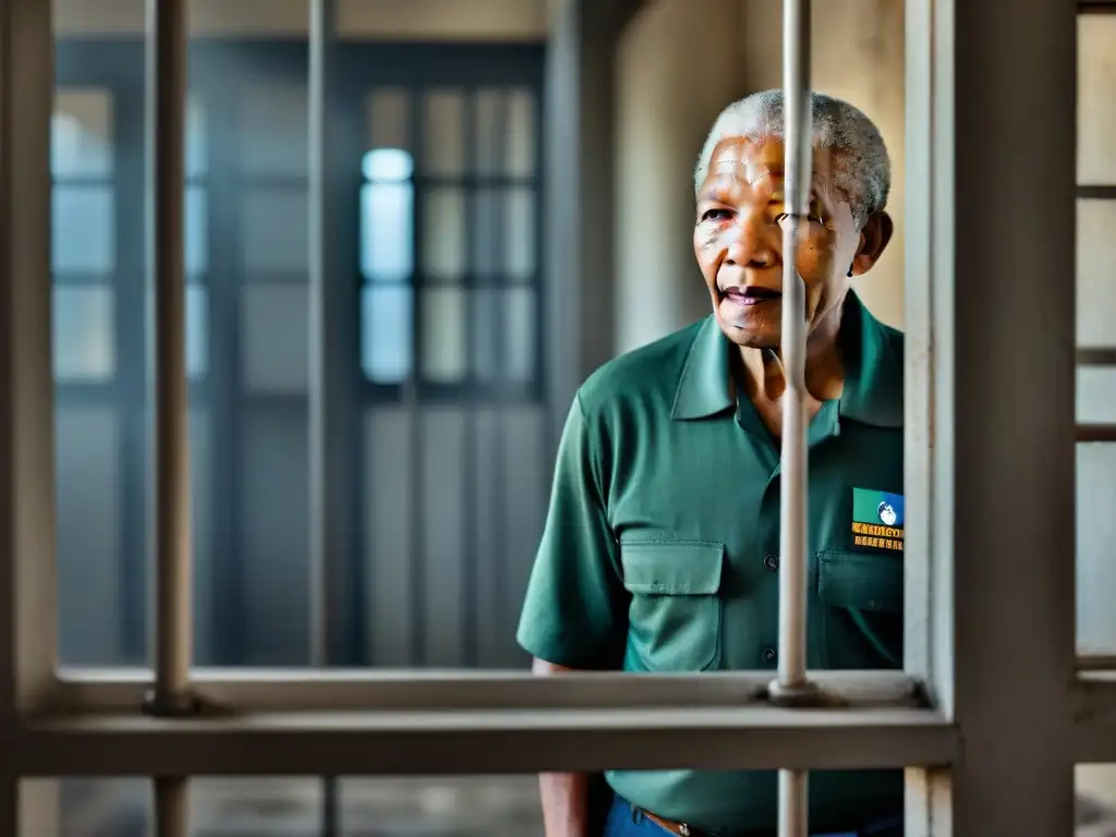 Nelson Mandela en su celda de prisión en Robben Island, mirando con determinación hacia la libertad