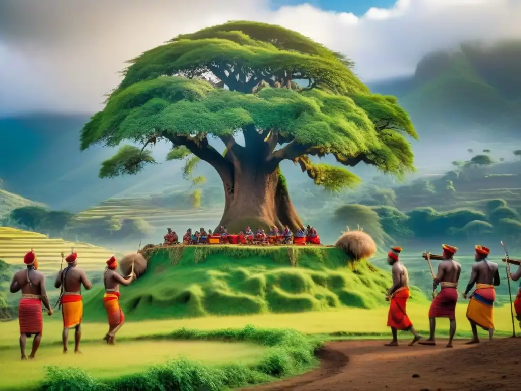 Celebración de los Sidama bailando bajo un árbol ancestral en el Cuerno de África, mostrando su rica cultura