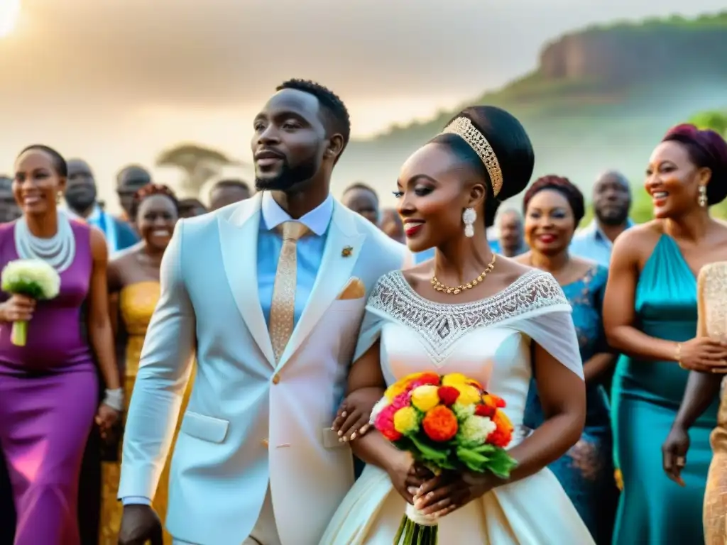 Celebración de boda africana con atuendos vibrantes y tradiciones culturales en una hermosa locación al aire libre