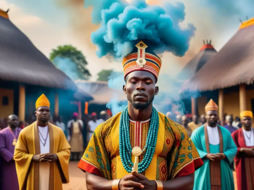 Celebración de chamanes africanos en un ritual colorido y vibrante, conectando con la religiosidad africana