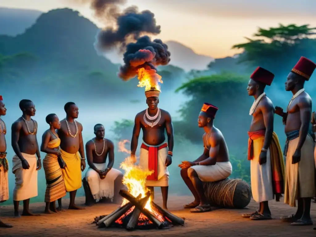 Celebración de creencias religiosas en África Central: ceremonia tradicional alrededor de una hoguera bajo el cielo estrellado