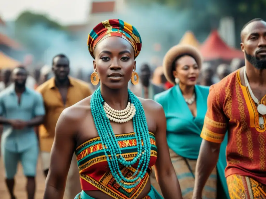 Una celebración cultural vibrante con personas de la diáspora africana en atuendos tradicionales