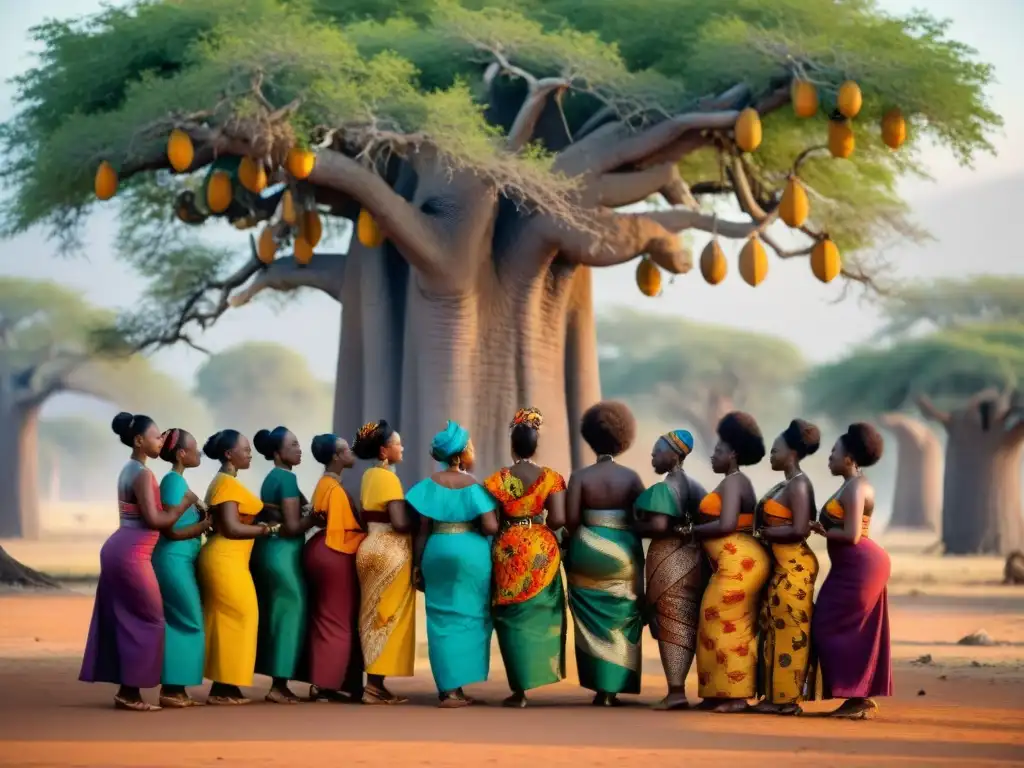 Celebración de la Divinidad Femenina en África: Mujeres africanas danzando bajo un baobab, con atuendos tradicionales y ofrendas naturales