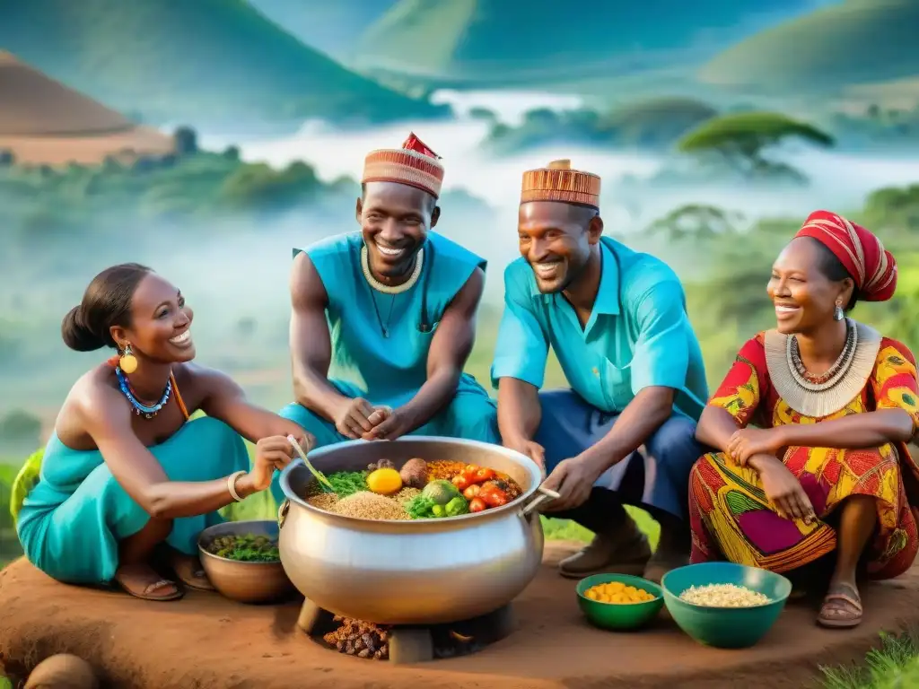 Celebración de la alimentación holística en civilizaciones africanas: grupo diverso cocinando y compartiendo comida tradicional