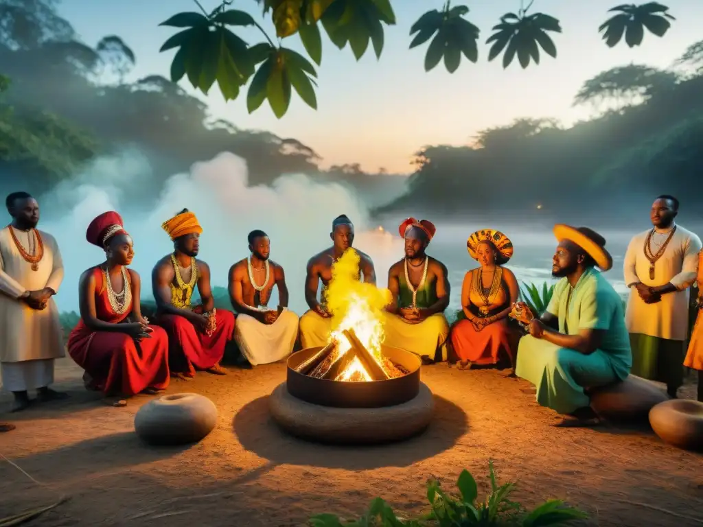 Ritual africano en la jungla: conexión espiritual y colorida tradición Celebración religiosa africana en la jungla: adoradores danzan alrededor del fuego sagrado, resistiendo impacto de la colonización