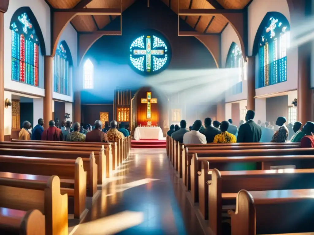 Celebración religiosa en iglesia africana: sincretismo entre cristianismo y tradiciones africanas