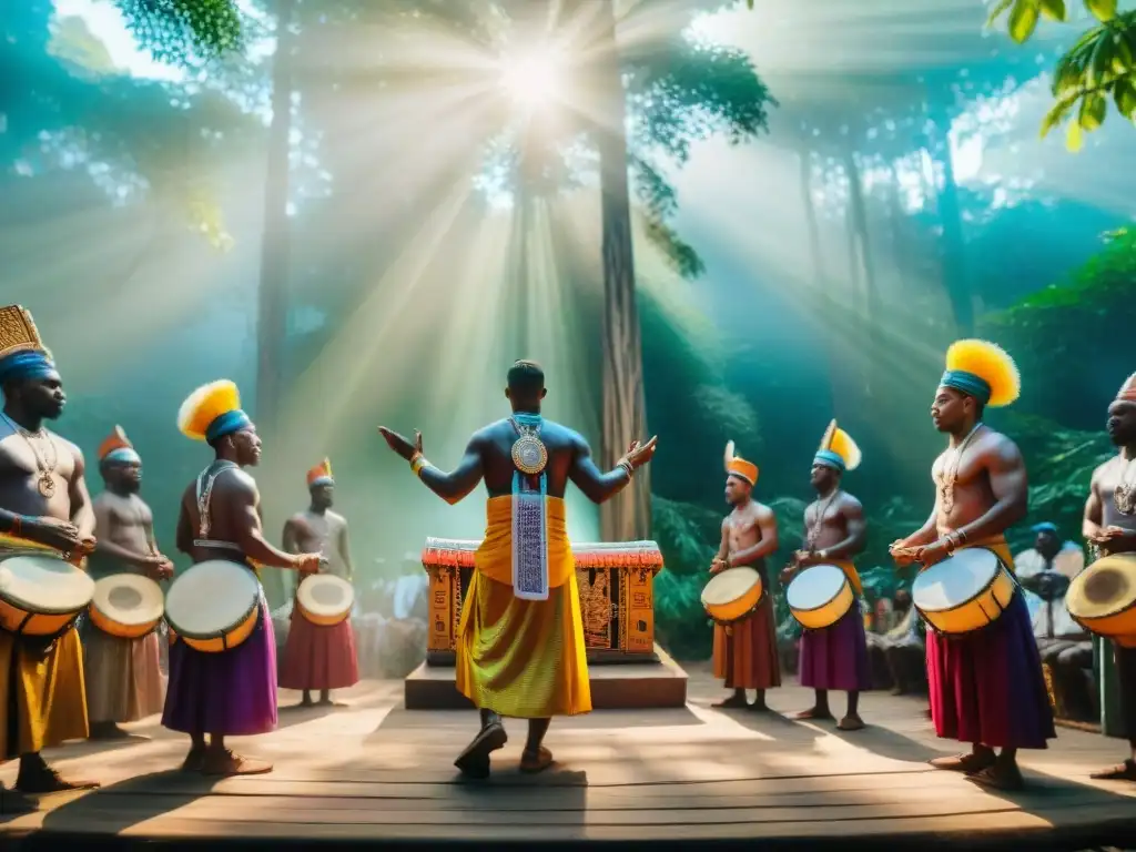 Celebración religiosa Yoruba en el bosque africano: danzas, tambores y ofrendas bajo la luz del sol