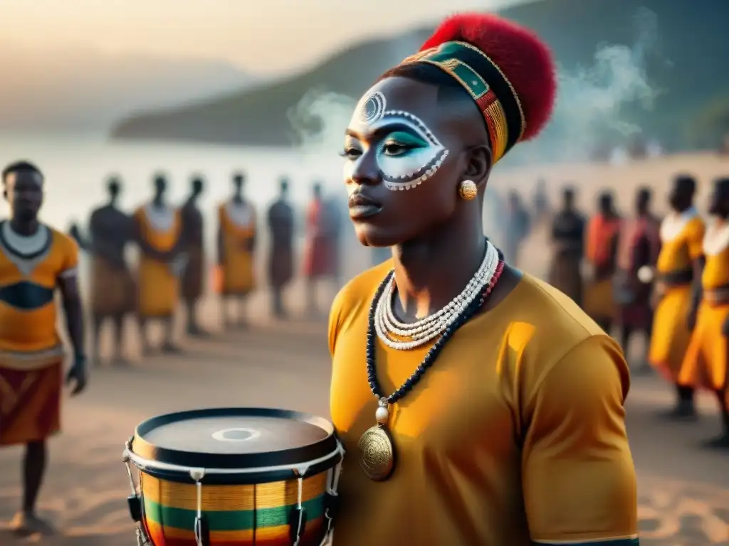 Celebración de un ritual africano al atardecer con vestimenta vibrante y pinturas faciales