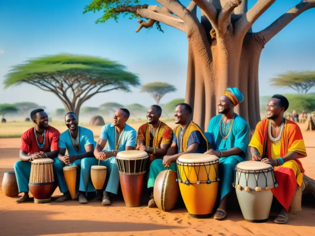 Celebración de la música tradicional africana en digital: músicos africanos tocan bajo un baobab, rodeados de una comunidad sonriente