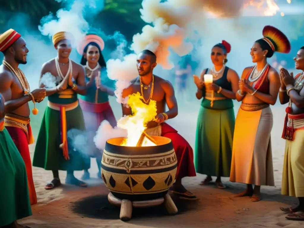 Colorida ceremonia de Umbanda: danza y tambores en Brasil Celebración de Umbanda con sincretismo religioso en Brasil: gente diversa danzando y tocando tambores alrededor del fuego sagrado