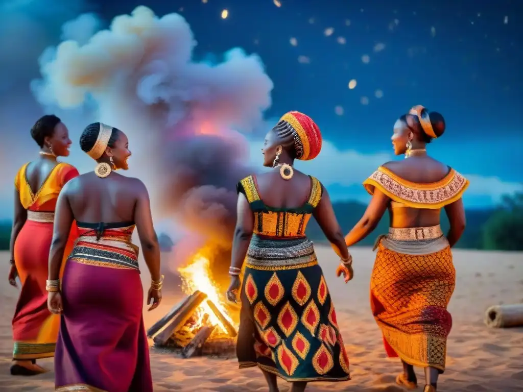 Celebraciones de género en África: Mujeres danzando alrededor de una fogata bajo el cielo estrellado, en un ritual festivo y unificador