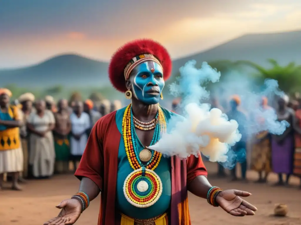 Ceremonia africana al atardecer invocando espíritus ancestrales, influencia de lo sobrenatural en África