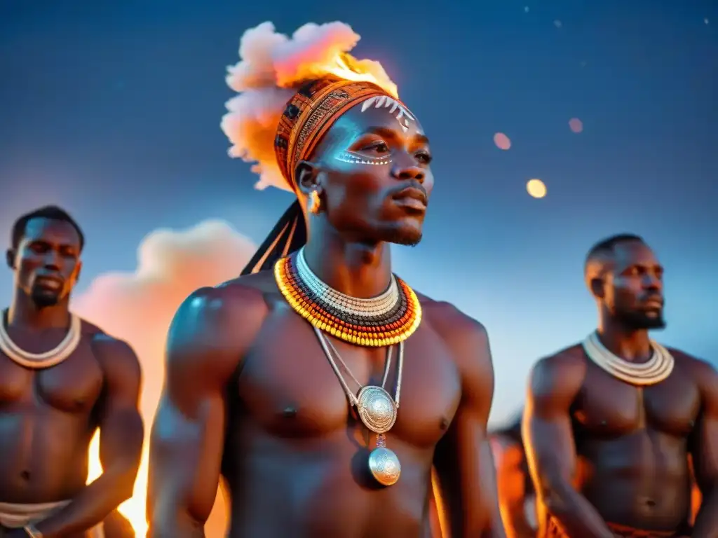 Ceremonia africana al atardecer: fuego sagrado, miembros tribales en reverencia, símbolos y ofrendas iluminados bajo un cielo estrellado