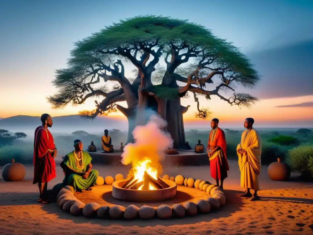 Ceremonia africana al atardecer: rituales sagrados alrededor del fuego bajo un baobab