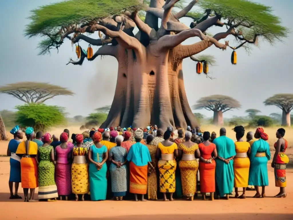 Ceremonia de reconciliación africana bajo un baobab: arte mediador conflictos reconciliación África